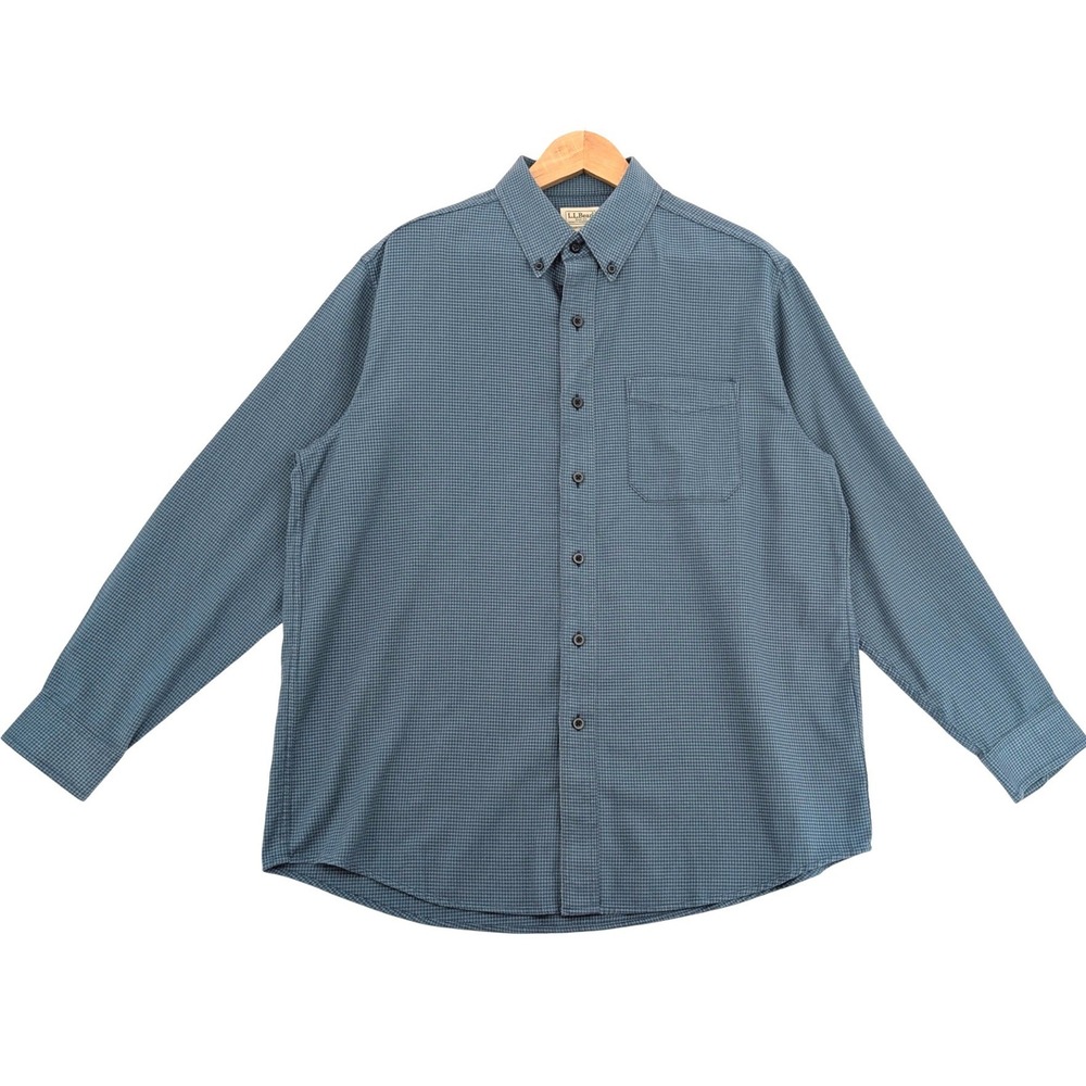 L.L.Bean Traditional Fit Houndstooth Shirt Men's Large Blue Green Cotton